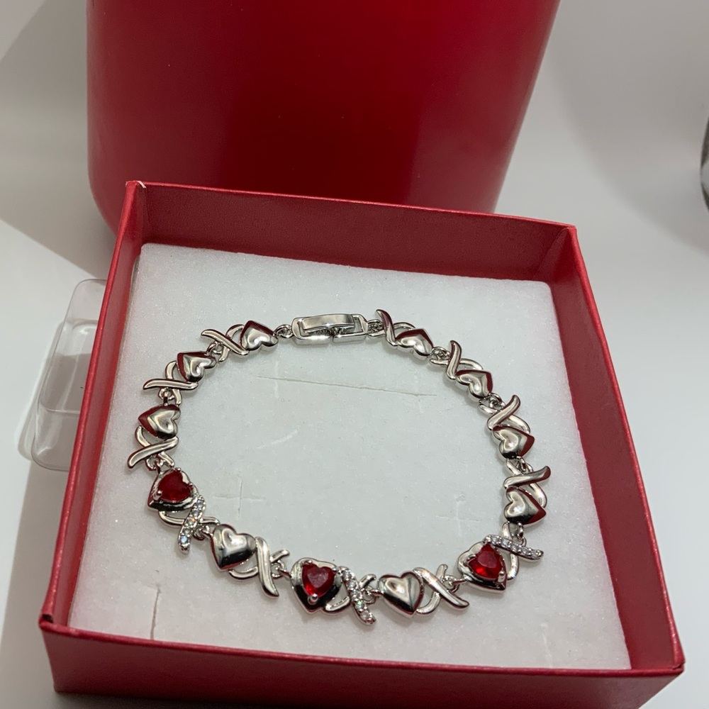 Silver and Ruby Red Heart Tennis Bracelet - Women jewelry